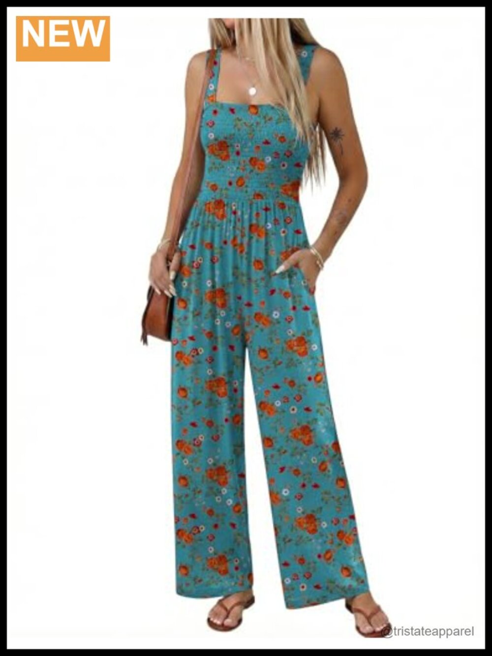 Sleeveless Boho Jumpsuit Smocked Wide Leg Romper Adjustable Straps Pockets